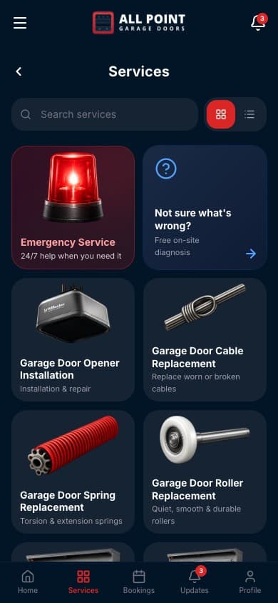 All Point customer app — Pick your problem screen