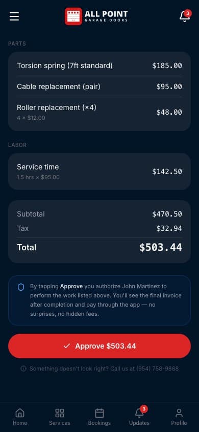 All Point customer app — Approve the price screen