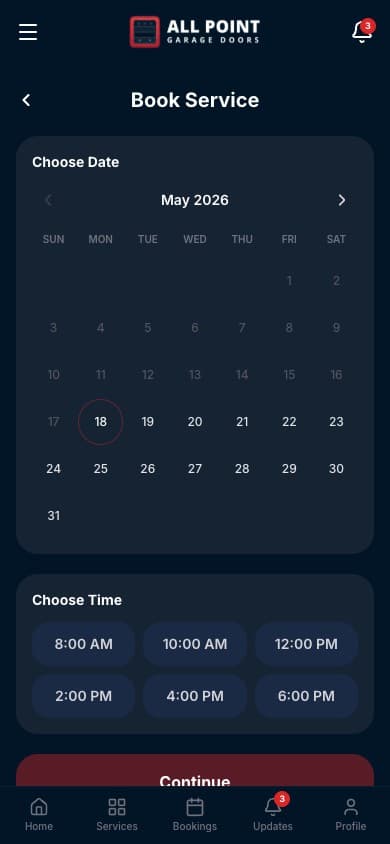 All Point customer app — Pick a time screen