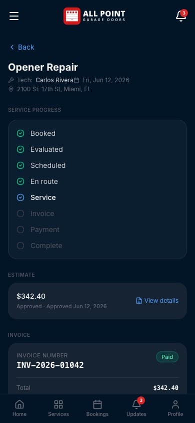 All Point customer app — See the work screen
