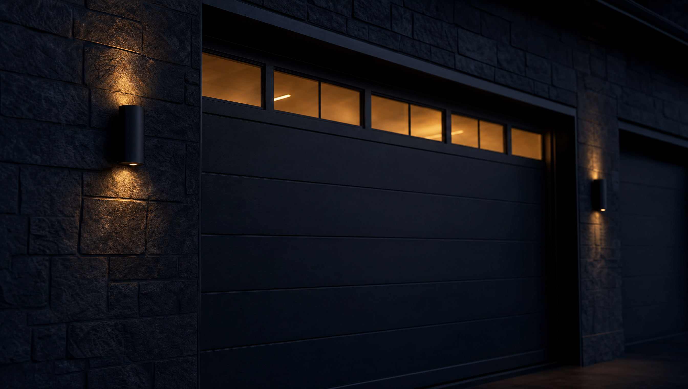 Garage door at night — emergency garage door repair available around the clock